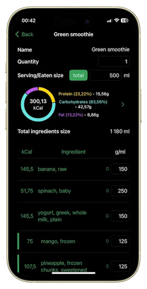 adjusting ingredients and portion size in FoodIntake app